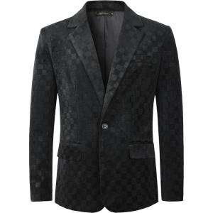 imageBeninos Mens One Button Suit Jacket Plaid Blazer Slim Fit Sports CoatsBlack