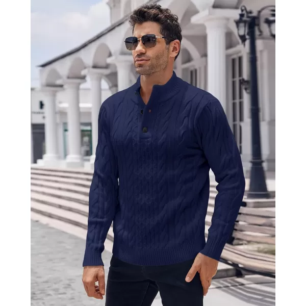 Beotyshow Mens Cable Knitted Pullover Sweaters Stand Collar Solid Twisted Thermal Sweaters with Button for Men