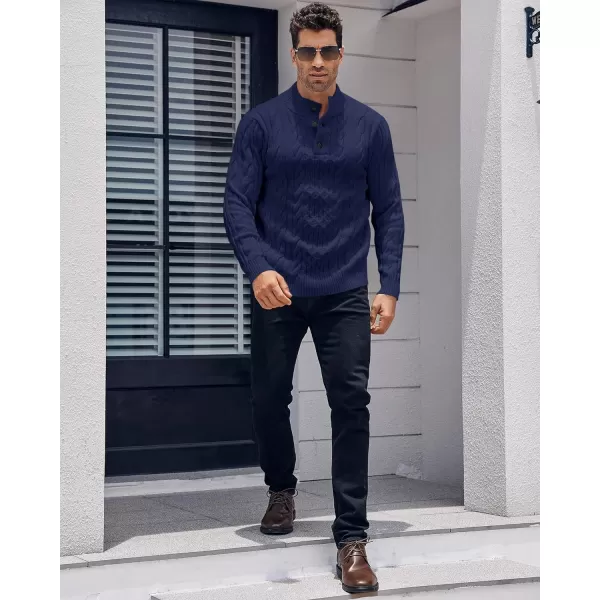 Beotyshow Mens Cable Knitted Pullover Sweaters Stand Collar Solid Twisted Thermal Sweaters with Button for Men