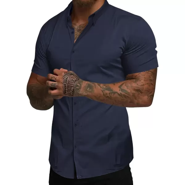 Beotyshow Mens Muscle Dress Shirts Slim Fit Short Sleeve Stretch Casual Button Down Shirts