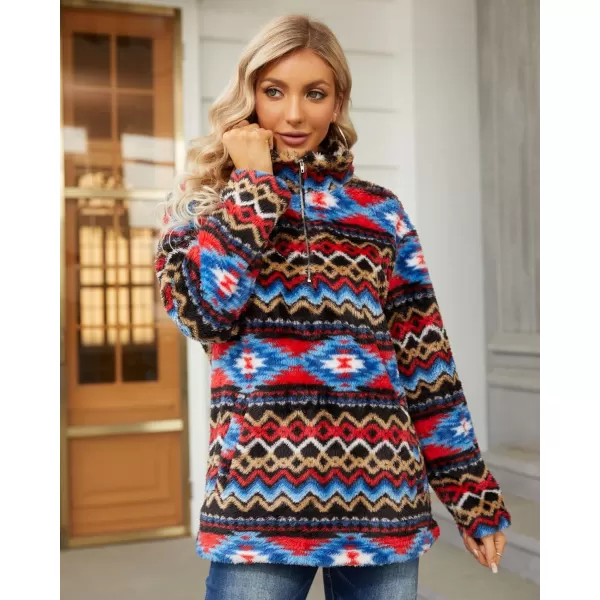 Beotyshow Womens Aztec Fleece Jacket Fuzzy Sherp Sweaters Pullover Vintage Sweatshirt Half Zip Winter Coats with Pockets