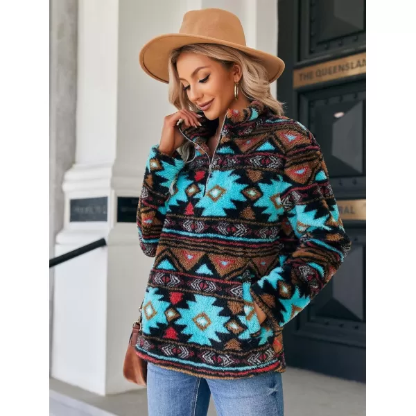 Beotyshow Womens Aztec Fleece Jacket Fuzzy Sherp Sweaters Pullover Vintage Sweatshirt Half Zip Winter Coats with Pockets