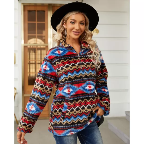 Beotyshow Womens Aztec Fleece Jacket Fuzzy Sherp Sweaters Pullover Vintage Sweatshirt Half Zip Winter Coats with Pockets