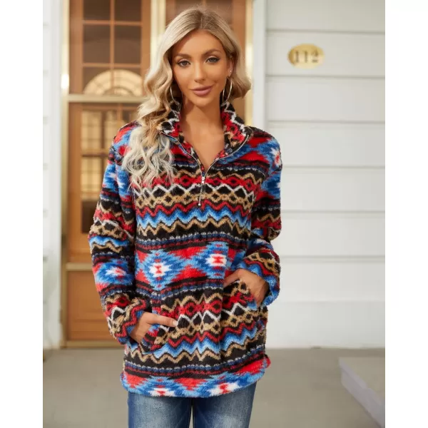 Beotyshow Womens Aztec Fleece Jacket Fuzzy Sherp Sweaters Pullover Vintage Sweatshirt Half Zip Winter Coats with Pockets