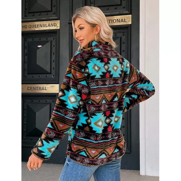 Beotyshow Womens Aztec Fleece Jacket Fuzzy Sherp Sweaters Pullover Vintage Sweatshirt Half Zip Winter Coats with Pockets