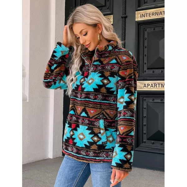 Beotyshow Womens Aztec Fleece Jacket Fuzzy Sherp Sweaters Pullover Vintage Sweatshirt Half Zip Winter Coats with Pockets