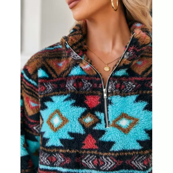 Beotyshow Womens Aztec Fleece Jacket Fuzzy Sherp Sweaters Pullover Vintage Sweatshirt Half Zip Winter Coats with Pockets
