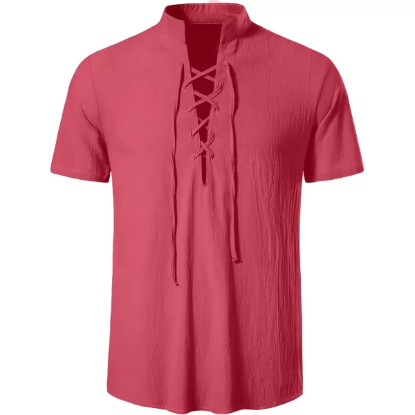 Mens Cotton Linen Shirts Lace Up Short/Long Sleeve Henley Pirate Shirt Casual V Neck for Beach Renaissance Viking Hippie
