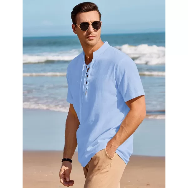Mens Cotton Linen Shirts Lace Up Short/Long Sleeve Henley Pirate Shirt Casual V Neck for Beach Renaissance Viking Hippie