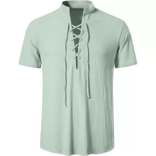 Mens Cotton Linen Shirts Lace Up Short/Long Sleeve Henley Pirate Shirt Casual V Neck for Beach Renaissance Viking Hippie
