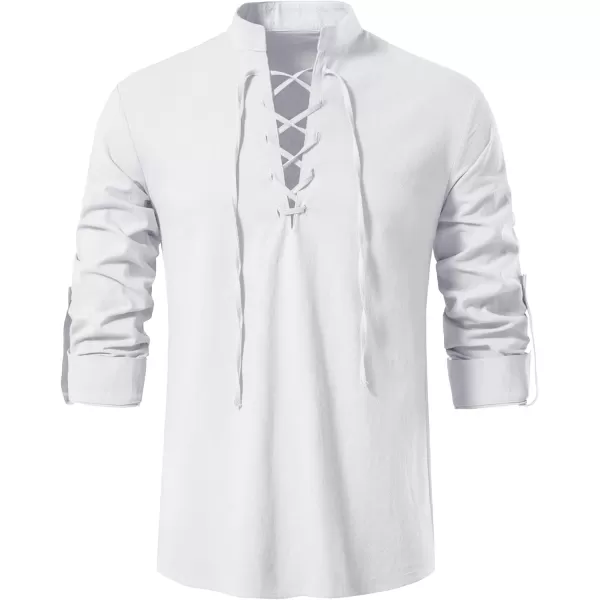 Mens Cotton Linen Shirts Lace Up Short/Long Sleeve Henley Pirate Shirt Casual V Neck for Beach Renaissance Viking Hippie