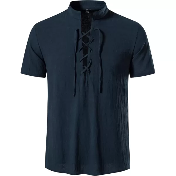 Mens Cotton Linen Shirts Lace Up Short/Long Sleeve Henley Pirate Shirt Casual V Neck for Beach Renaissance Viking Hippie