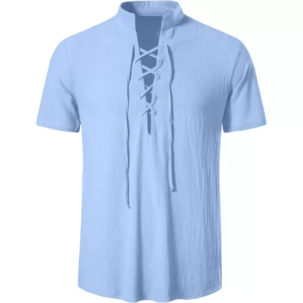 Mens Cotton Linen Shirts Lace Up Short/Long Sleeve Henley Pirate Shirt Casual V Neck for Beach Renaissance Viking Hippie