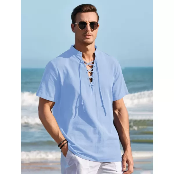 Mens Cotton Linen Shirts Lace Up Short/Long Sleeve Henley Pirate Shirt Casual V Neck for Beach Renaissance Viking Hippie