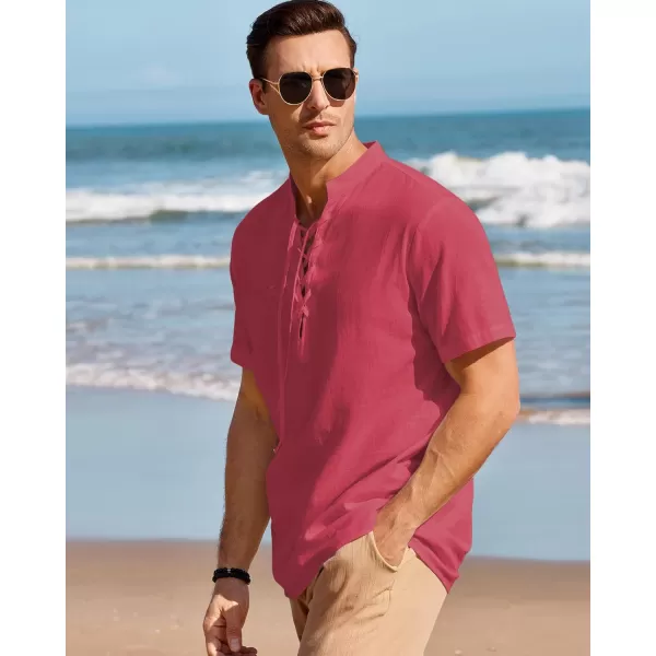 Mens Cotton Linen Shirts Lace Up Short/Long Sleeve Henley Pirate Shirt Casual V Neck for Beach Renaissance Viking Hippie
