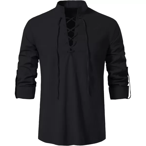 Mens Cotton Linen Shirts Lace Up Short/Long Sleeve Henley Pirate Shirt Casual V Neck for Beach Renaissance Viking Hippie