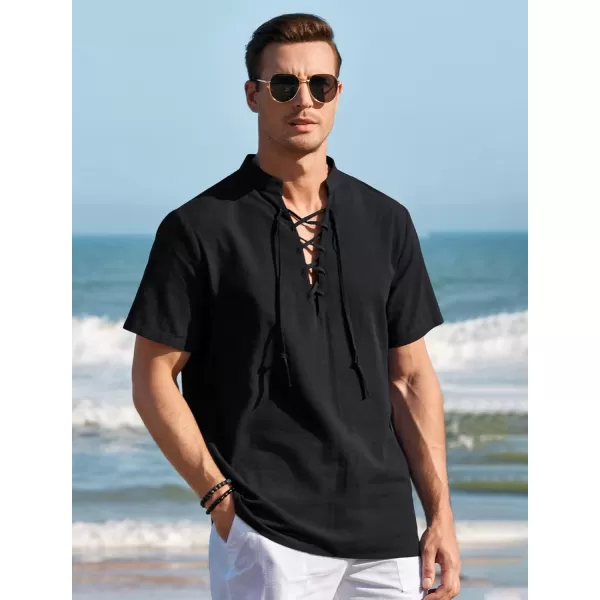 Mens Cotton Linen Shirts Lace Up Short/Long Sleeve Henley Pirate Shirt Casual V Neck for Beach Renaissance Viking Hippie