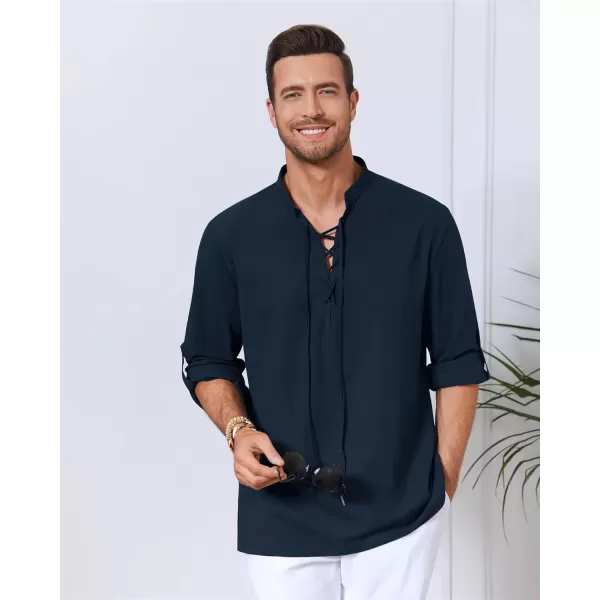 Mens Cotton Linen Shirts Lace Up Short/Long Sleeve Henley Pirate Shirt Casual V Neck for Beach Renaissance Viking Hippie