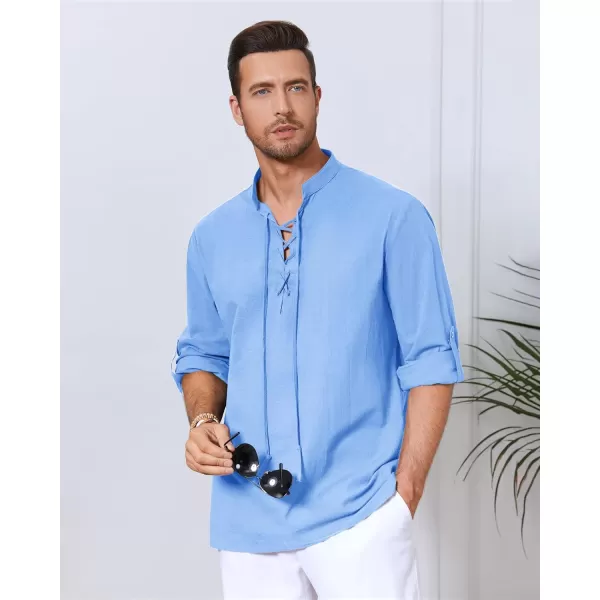 Mens Cotton Linen Shirts Lace Up Short/Long Sleeve Henley Pirate Shirt Casual V Neck for Beach Renaissance Viking Hippie