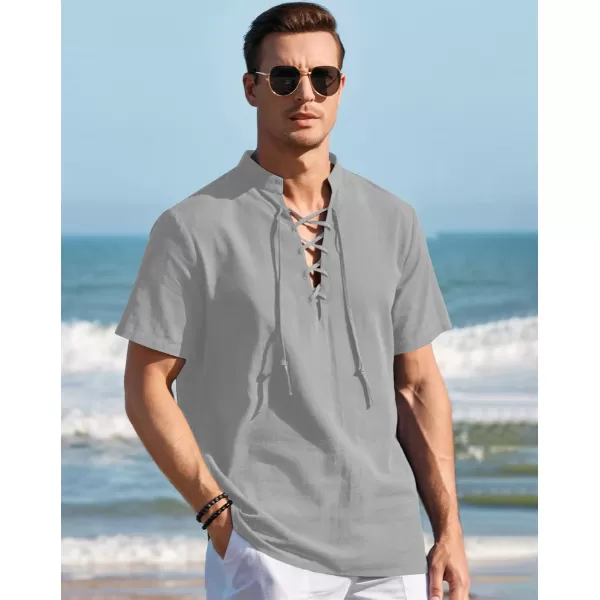 Mens Cotton Linen Shirts Lace Up Short/Long Sleeve Henley Pirate Shirt Casual V Neck for Beach Renaissance Viking Hippie