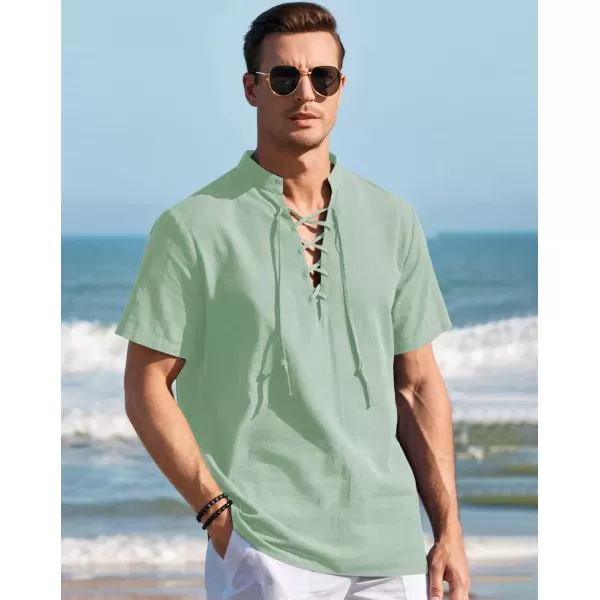 Mens Cotton Linen Shirts Lace Up Short/Long Sleeve Henley Pirate Shirt Casual V Neck for Beach Renaissance Viking Hippie