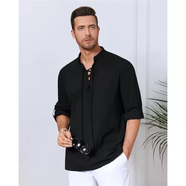 Mens Cotton Linen Shirts Lace Up Short/Long Sleeve Henley Pirate Shirt Casual V Neck for Beach Renaissance Viking Hippie