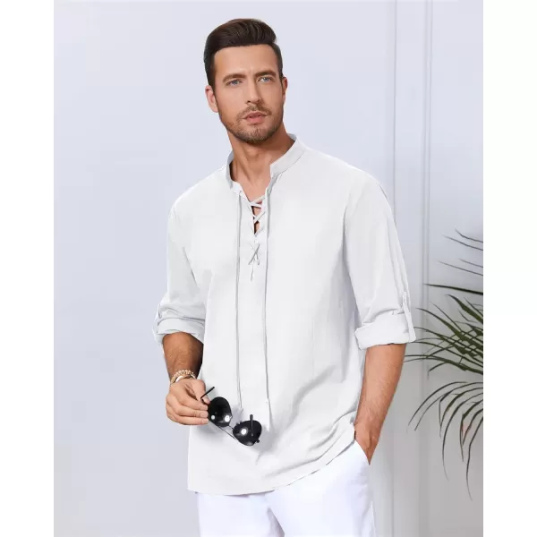 Mens Cotton Linen Shirts Lace Up Short/Long Sleeve Henley Pirate Shirt Casual V Neck for Beach Renaissance Viking Hippie