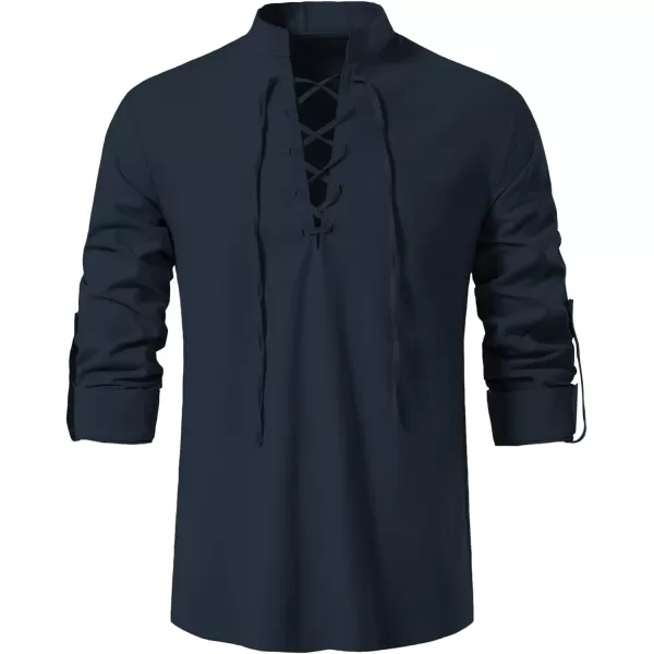 Mens Cotton Linen Shirts Lace Up Short/Long Sleeve Henley Pirate Shirt Casual V Neck for Beach Renaissance Viking Hippie