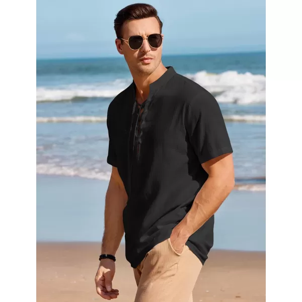 Mens Cotton Linen Shirts Lace Up Short/Long Sleeve Henley Pirate Shirt Casual V Neck for Beach Renaissance Viking Hippie