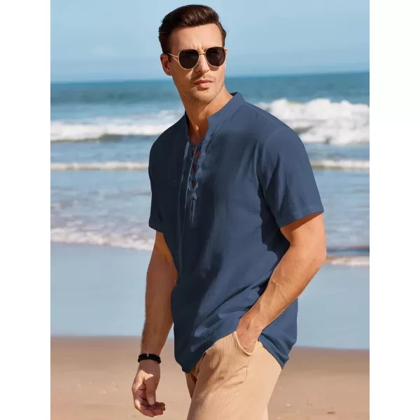 Mens Cotton Linen Shirts Lace Up Short/Long Sleeve Henley Pirate Shirt Casual V Neck for Beach Renaissance Viking Hippie
