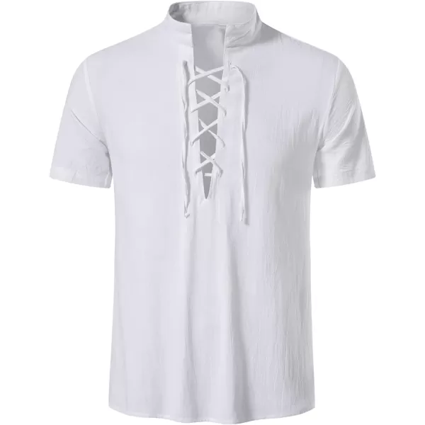 Mens Cotton Linen Shirts Lace Up Short/Long Sleeve Henley Pirate Shirt Casual V Neck for Beach Renaissance Viking Hippie