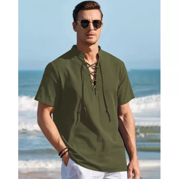 Mens Cotton Linen Shirts Lace Up Short/Long Sleeve Henley Pirate Shirt Casual V Neck for Beach Renaissance Viking Hippie