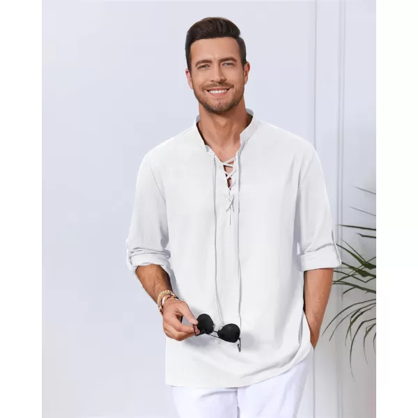 Mens Cotton Linen Shirts Lace Up Short/Long Sleeve Henley Pirate Shirt Casual V Neck for Beach Renaissance Viking Hippie
