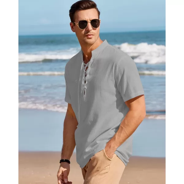 Mens Cotton Linen Shirts Lace Up Short/Long Sleeve Henley Pirate Shirt Casual V Neck for Beach Renaissance Viking Hippie