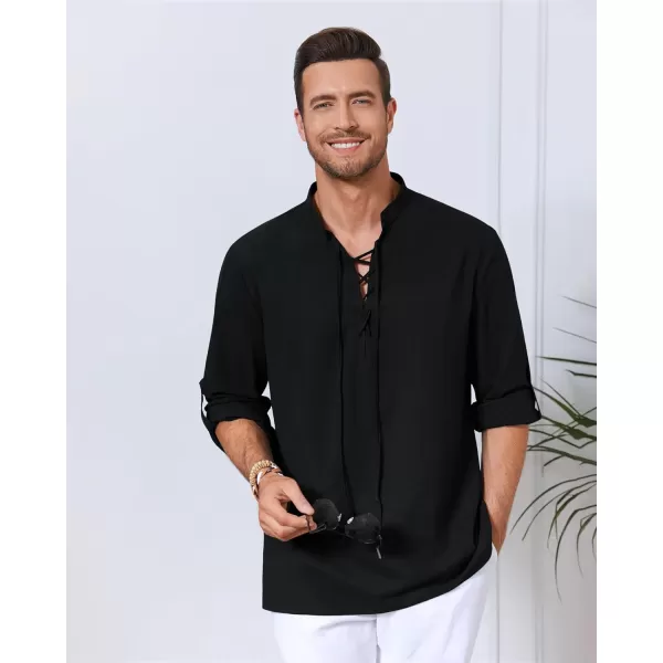 Mens Cotton Linen Shirts Lace Up Short/Long Sleeve Henley Pirate Shirt Casual V Neck for Beach Renaissance Viking Hippie