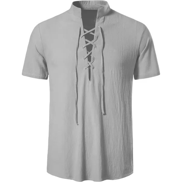 Mens Cotton Linen Shirts Lace Up Short/Long Sleeve Henley Pirate Shirt Casual V Neck for Beach Renaissance Viking Hippie