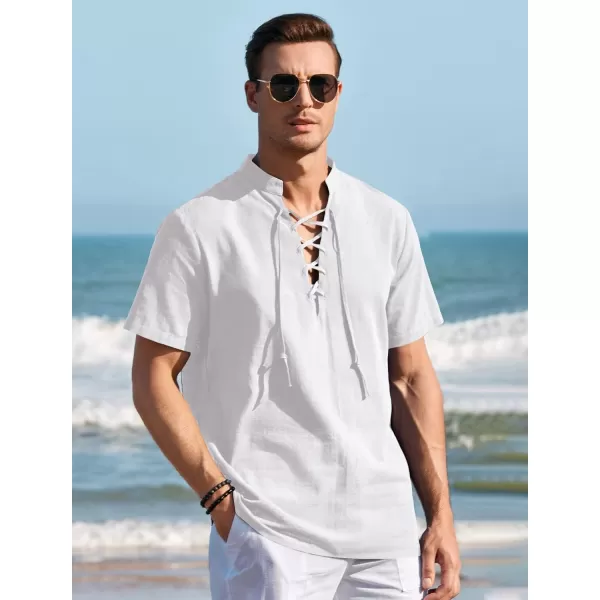 Mens Cotton Linen Shirts Lace Up Short/Long Sleeve Henley Pirate Shirt Casual V Neck for Beach Renaissance Viking Hippie