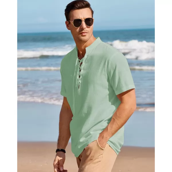 Mens Cotton Linen Shirts Lace Up Short/Long Sleeve Henley Pirate Shirt Casual V Neck for Beach Renaissance Viking Hippie
