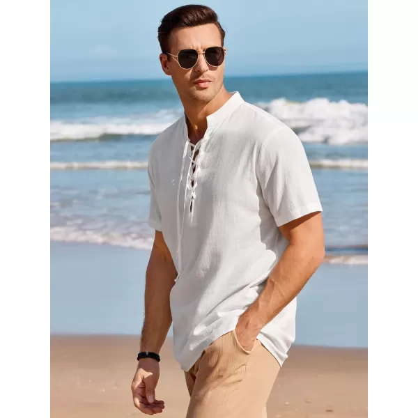 Mens Cotton Linen Shirts Lace Up Short/Long Sleeve Henley Pirate Shirt Casual V Neck for Beach Renaissance Viking Hippie