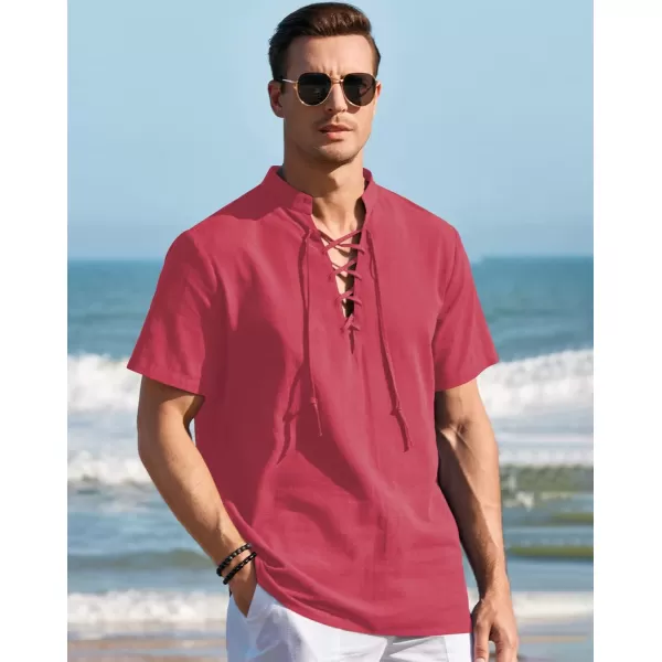 Mens Cotton Linen Shirts Lace Up Short/Long Sleeve Henley Pirate Shirt Casual V Neck for Beach Renaissance Viking Hippie