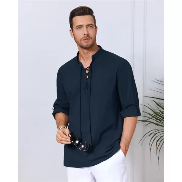 Mens Cotton Linen Shirts Lace Up Short/Long Sleeve Henley Pirate Shirt Casual V Neck for Beach Renaissance Viking Hippie