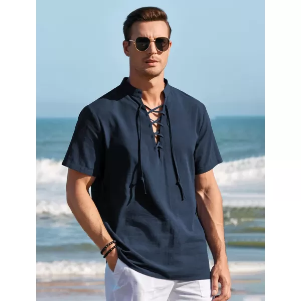Mens Cotton Linen Shirts Lace Up Short/Long Sleeve Henley Pirate Shirt Casual V Neck for Beach Renaissance Viking Hippie
