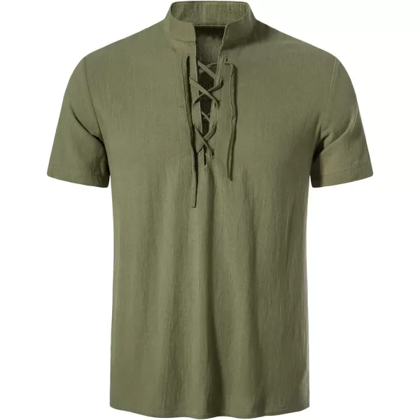 Mens Cotton Linen Shirts Lace Up Short/Long Sleeve Henley Pirate Shirt Casual V Neck for Beach Renaissance Viking Hippie