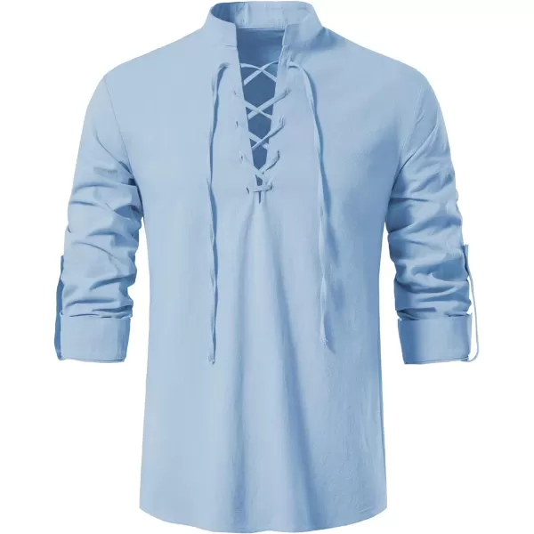 Mens Cotton Linen Shirts Lace Up Short/Long Sleeve Henley Pirate Shirt Casual V Neck for Beach Renaissance Viking Hippie