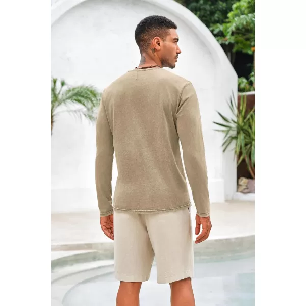 Mens Distressed Henley Shirts Front Placket Retro Long Sleeve Tee Shirts Casual Button Down Washed T-Shirts for Men