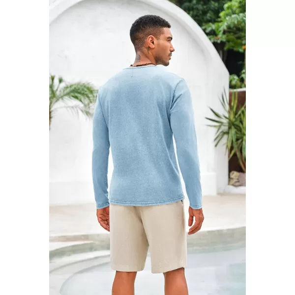 Mens Distressed Henley Shirts Front Placket Retro Long Sleeve Tee Shirts Casual Button Down Washed T-Shirts for Men