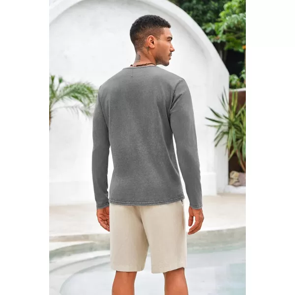 Mens Distressed Henley Shirts Front Placket Retro Long Sleeve Tee Shirts Casual Button Down Washed T-Shirts for Men