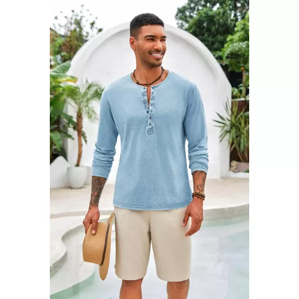 Mens Distressed Henley Shirts Front Placket Retro Long Sleeve Tee Shirts Casual Button Down Washed T-Shirts for Men