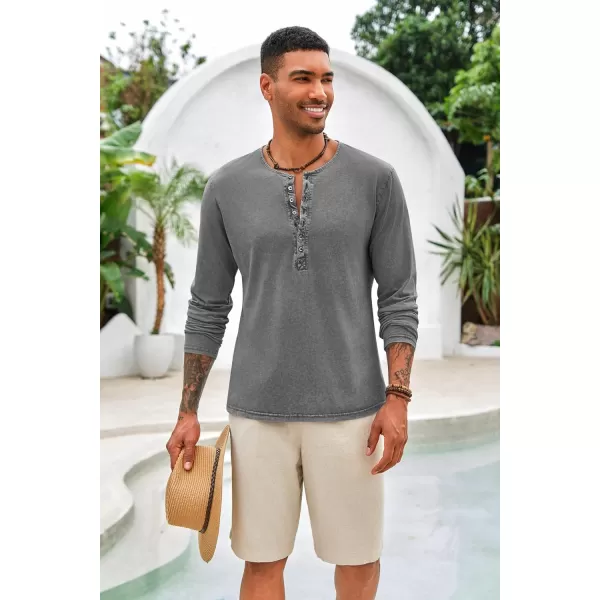 Mens Distressed Henley Shirts Front Placket Retro Long Sleeve Tee Shirts Casual Button Down Washed T-Shirts for Men