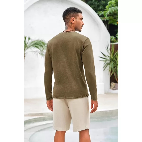 Mens Distressed Henley Shirts Front Placket Retro Long Sleeve Tee Shirts Casual Button Down Washed T-Shirts for Men